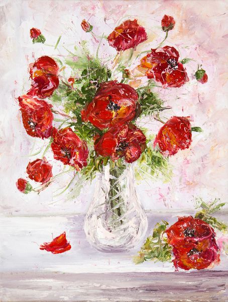 رنگ روغن اصلی گلدان زیبا یا کاسه گلهای خشخاش تازه امپرسیونیسم مدرن مدرنیسم marinism