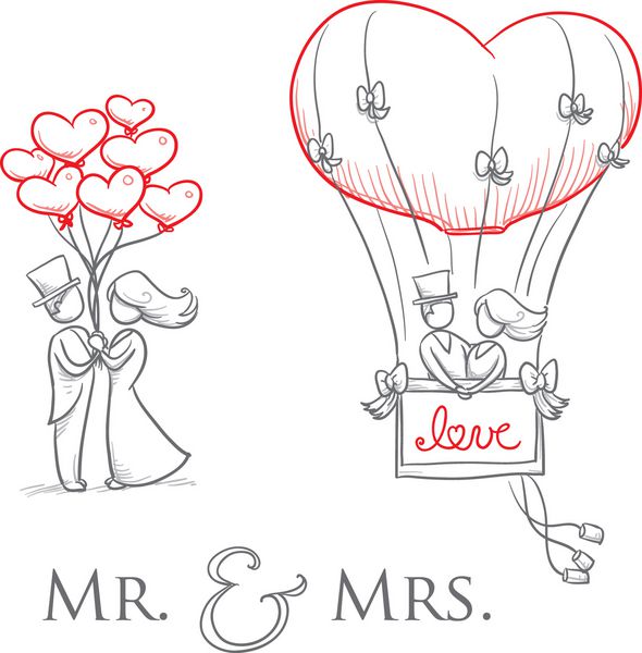 کارتون عاشق زوج عروسی با بالن های قلبی برای نامزدی یا دعوت ازدواج کارت تاریخ را ذخیره کنید تصویر برداری دستی کشیده شده