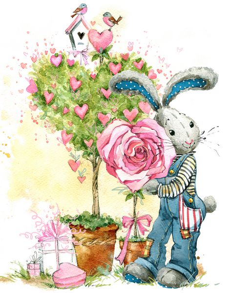تصویر خرگوش اسم حیوان دست اموز آبرنگ ناز کارت تبریک روز ولنتاین درخت عشق