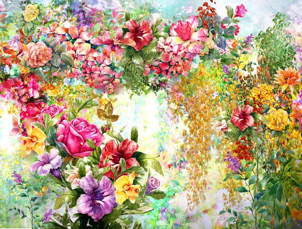 نقاشی با آبرنگ گل گل های چند رنگ بهار