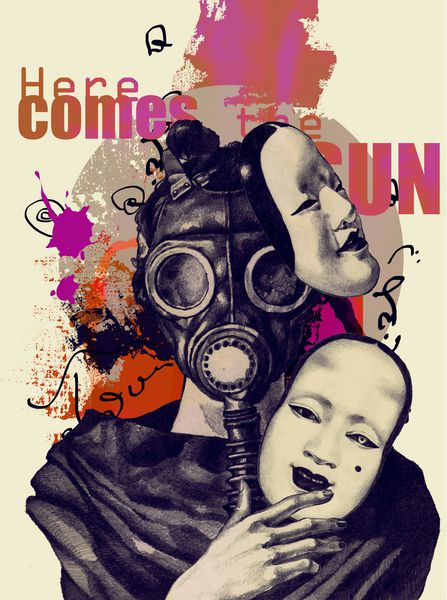 ترکیب پوستر با نقاشی آزاد یک دختر در ماسک صورت با ماسک های تزئینی