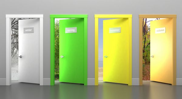 درها در فصول مختلف چهار درب در رنگ های مختلف تصویر 3D چهار درب در رنگ های مختلف