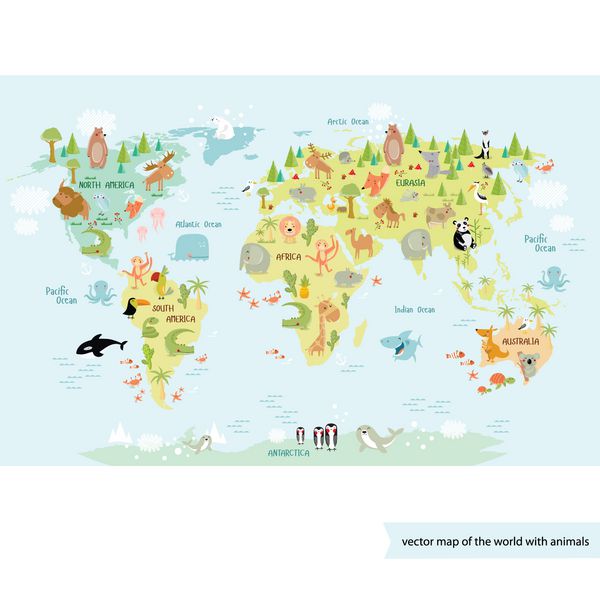 نقشه جهانی تصویر برداری برای کودکان با تنهایی ملایم و حیوانات زیادی خرس گاو فیل نهنگ گوزن تمساح پاندا میمون زرافه آمریکا اروپا آسیا کانادا آفریقا قطب جنوب