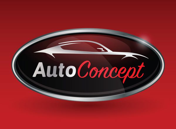 کانسپت طراحی لوگو خودرو با نشان کرومی از siluette وسایل نقلیه ورزشی در پس زمینه قرمز تصویر برداری