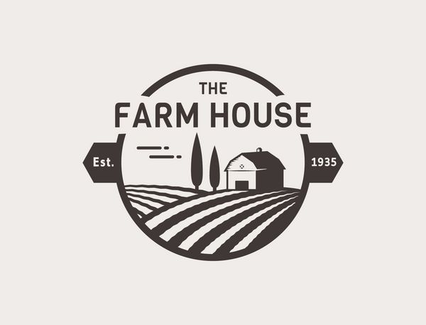 آرم مفهوم خانه خانه الگویی با چشم انداز مزرعه برچسب محصولات مزرعه طبیعی آرم سیاه جدا شده در پس زمینه سفید تصویر برداری