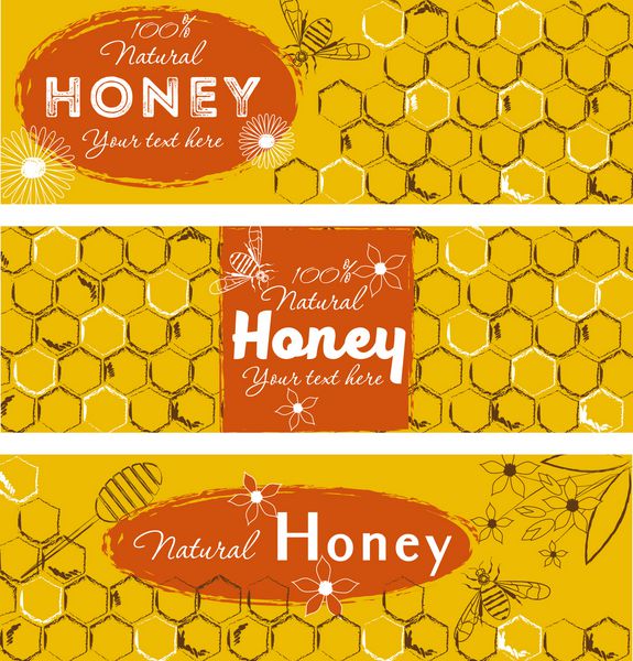 مجموعه ای از آگهی های عسل با تصاویر کشیده شده با طرح های دستی پس زمینه طرح طبیعی عسل