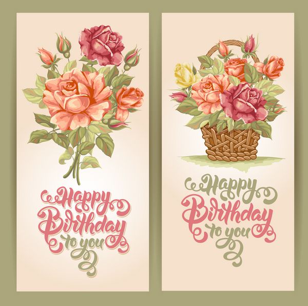 مجموعه کارت وکتور کارت پستال تولدت مبارک دست خط خوشنویسی تولدت مبارک را برای شما پوشانده است سبک پرنعمت دسته گل آبرنگ و گل رز