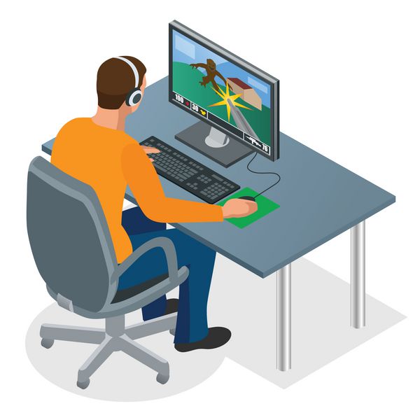 محل کار گیمر جوان متمرکز در هدفون و عینک با استفاده از رایانه برای بازی مردی که به صفحه لپ تاپ نگاه می کند تصویر برداری ایزومتریک 3D تخت