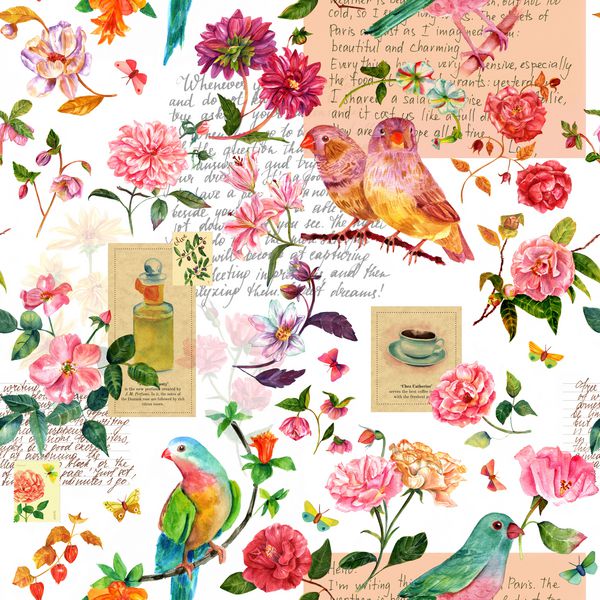 الگوی پس زمینه بدون درز با پرندگان آبرنگ رنگی گل و پروانه و ضایعات قطعات تلطیف شده از متون قدیمی و تمبرهای پستی