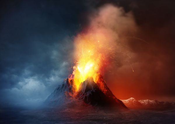 آتشفشان بزرگی که گدازه ها و گازها را در جو فوران می کند تصویر سه بعدی