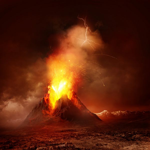 آتشفشان بزرگی که گدازه ها و گازها را در جو فوران می کند تصویر سه بعدی