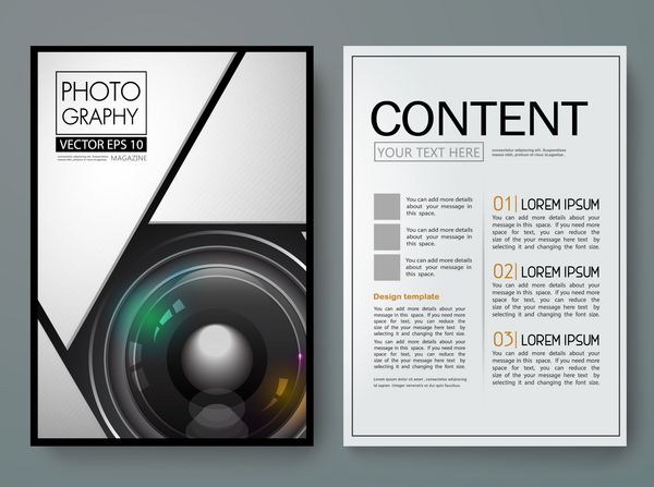 مجله وکتور عکاسی بروشور چاپگرهای مدرن قالب های طراحی نمونه کارها را گزارش می دهد طرح بندی با دوربین لنز 3 بعدی استفاده از کتاب پوستر کسب و کار و ارائه