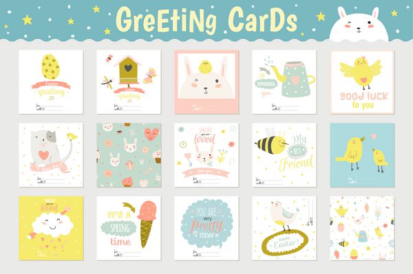 کارت های مربع زیبا یادداشت ها و برچسب ها با تصاویر بهاری و تابستانی می توان مانند کارت پستال یا کارتهای تعطیلات تبریک استفاده کرد مجموعه الگوهای کارتونی بهار و تابستان تعطیلات