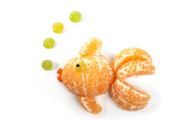 مفاهیم خلاق هنر غذا ماهی های بسیار زیبا طلایی از میوه نارنگی نارنگی انگور و هویج ساخته شده است