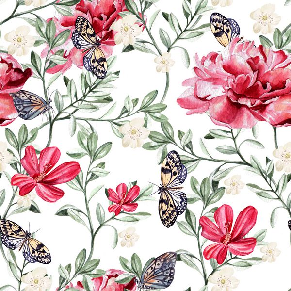 الگوی گل رز گل صد تومانی و پروانه های چینی واقع بینانه آبرنگ تصویر