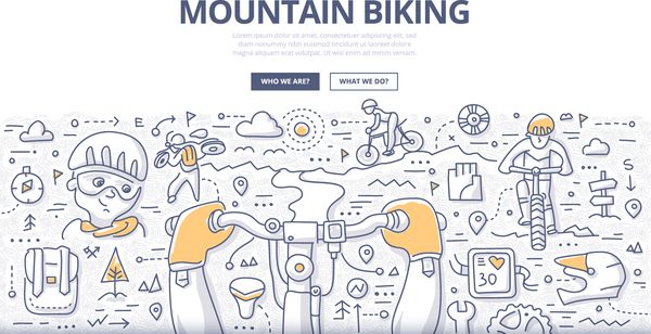 تصویر برداری Doodle از پیاده روی در فضای باز در کوه مفهوم شیوه زندگی دوچرخه سواری کوهستان و ماجراجویی برای بنرهای وب مواد چاپی
