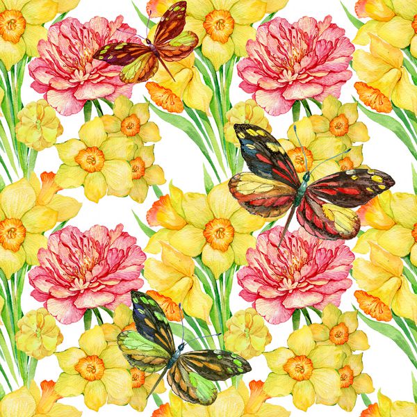 الگوی بدون درز نرگس گل صد تومانی پروانه ترکیب آبرنگ های مصور
