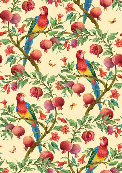 طوطی رنگارنگ روی درخت انار با گل و میوه الگوی پس زمینه بدون درز نسخه 4