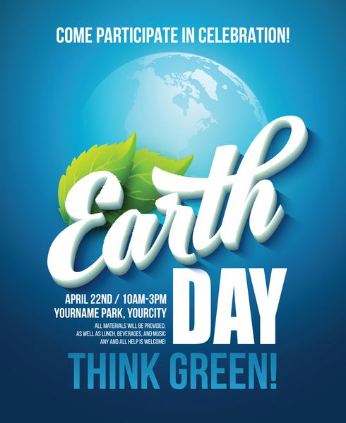 پوستر روز زمین تصویر برداری با حروف روز زمین سیارات و برگهای سبز EPS10