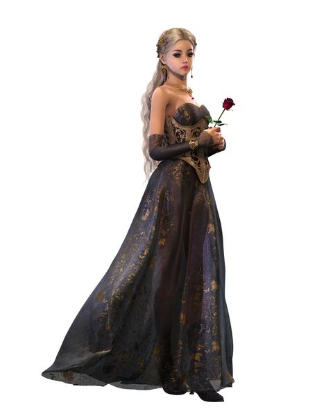گرافیک کامپیوتری سه بعدی یک شاهزاده خانم پری زیبا با یک لباس بنفش و یک گل رز قرمز در دست او