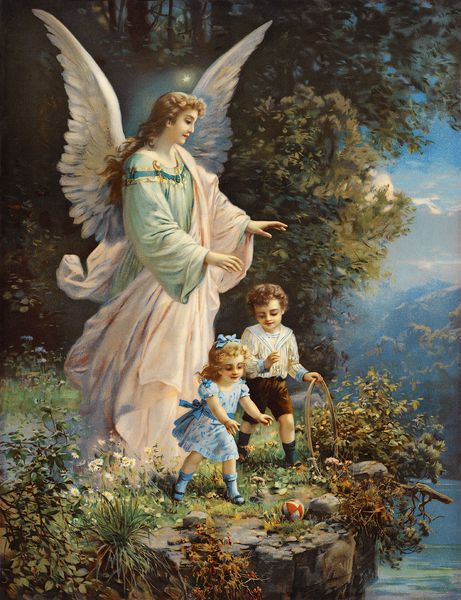 فرشته نگهبان محافظت از کودکان در نزدیکی یک طاقچه یک تصویر پرنعمت در اوایل دهه 1900