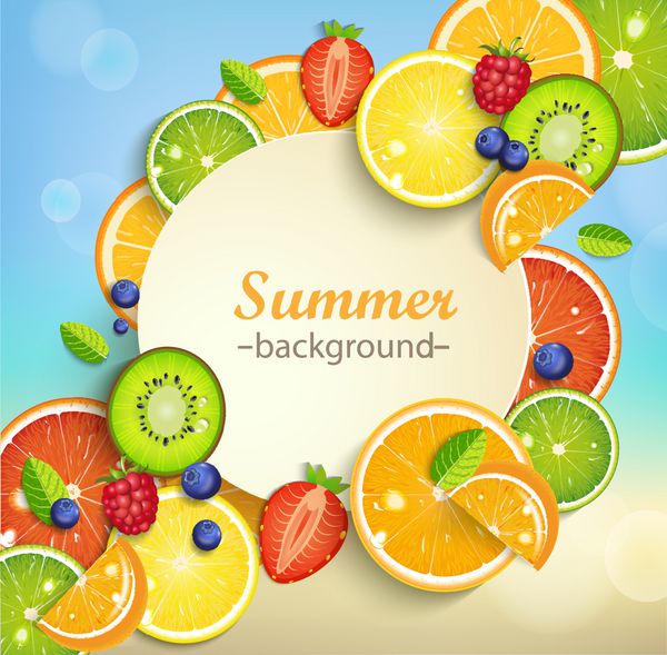 زمینه تابستانی با میوه ها و انواع توت ها و قاب گرد برای متن تصویر برداری