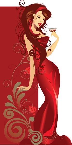 خانم در لباس قرمز با یک لیوان در دست