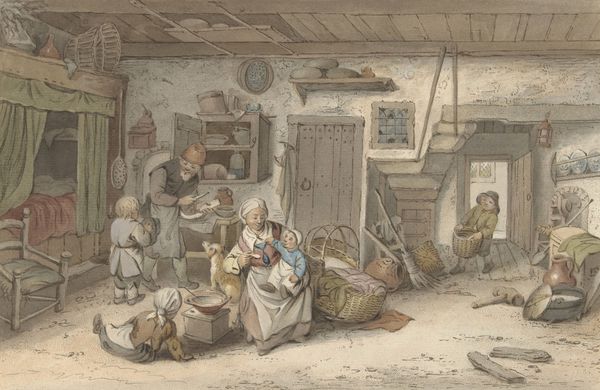 فضای داخلی با خانواده دهقانان توسط کریستیان خوزی 1821 چاپ هلندی کاغذ رنگی روی کاغذ روستایی مبلمان وسایل و فضای زندگی یک خانواده روستایی شش نفره را نشان می دهد