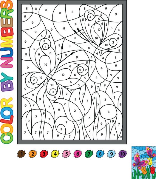 پازل برای کودکان کتاب رنگ آمیزی رنگ بر اساس اعداد پروانه روشن