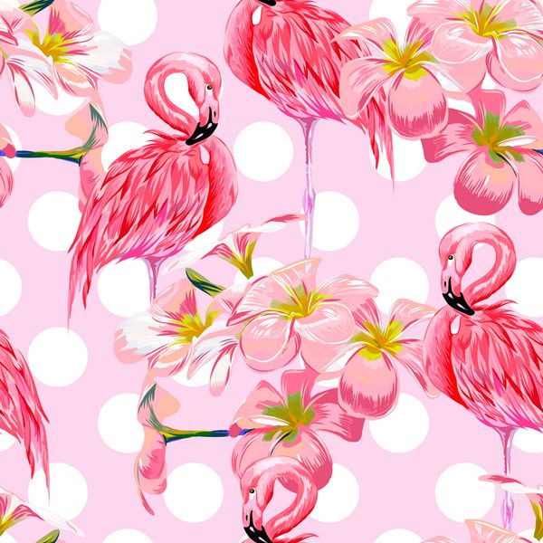 پس زمینه الگوی گل بدون درز زیبا با فلامینگوهای صورتی گلهای گرمسیری بافت هندسی انتزاعی نقطه پولکا