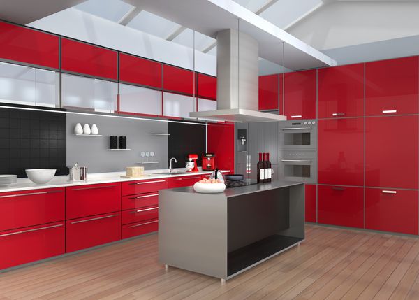 فضای داخلی مدرن آشپزخانه با لوازم هوشمند در هماهنگی رنگ قرمز تصویر رندر سه بعدی
