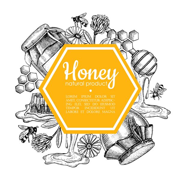 قاب وکتور قاب عسلی کشیده شده تصاویر حکاکی شده حک شده زرد لانه زنبوری گرافیکی زنبور عسل شیشه شیشه ای گل گلدان عالی برای برچسب بنر پوستر کارت