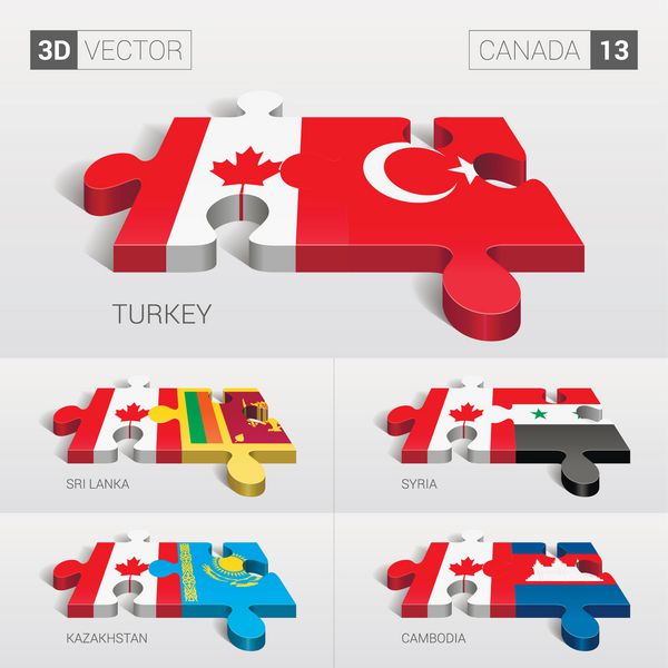 کانادا و ترکیه سریلانکا سوریه قزاقستان پرچم کامبوج پازل وکتور 3D مجموعه 13