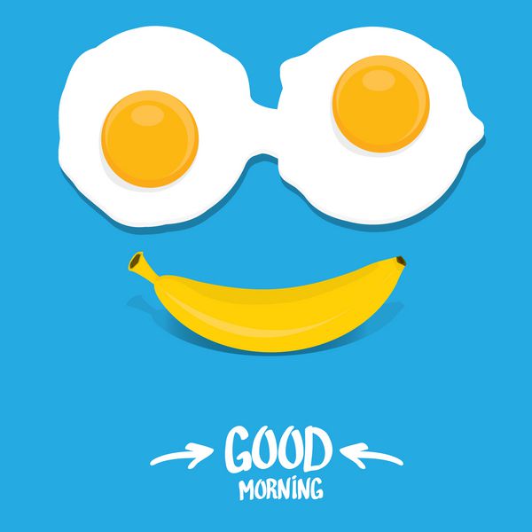 وکتور صبح بخیر پس زمینه مفهوم خنده دار وکتور لبخند صبح بخیر که از موز و تخم مرغ سرخ شده درست شده است