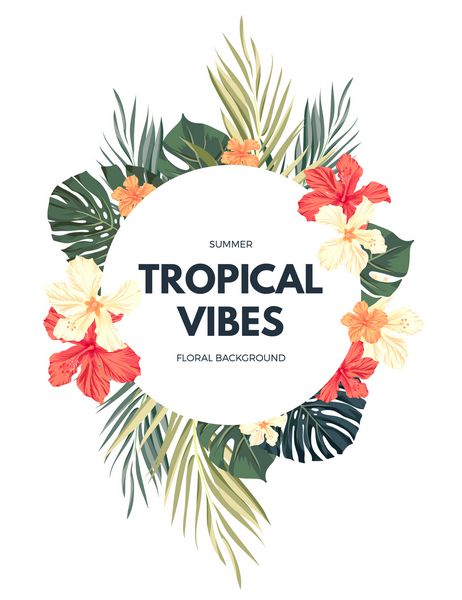 طرح هاوایی روشن با گیاهان گرمسیری و گلهای گیاه هیبیسک تصویر برداری