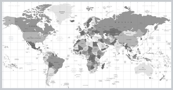 نقشه جهانی خاکستری تصویر برداری دقیق نام ها علائم شهرها و مرزهای ملی در یک لایه جداگانه قرار دارند