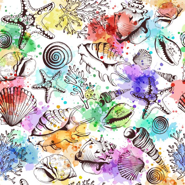 الگوی بدون درز با صدف های دریایی مرجان ها و ماهی های ستاره ای تقلید از لکه های آبرنگ تصویر برداری به سبک طرح ایده آل برای تبریک دعوت نامه منسوجات عروسی و طراحی وب