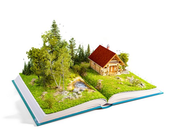 خانه ورود به سیستم زیبا در یک جنگل فوق العاده در صفحات کتاب باز شده تصویر غیر معمول 3D جدا شده