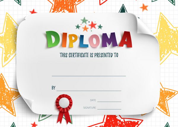 الگوی دیپلم برای بچه ها پیشینه گواهی نامه با ستاره های رنگارنگ کشیده شده برای مدرسه پیش دبستانی یا مدرسه بازی ترسیم شده است