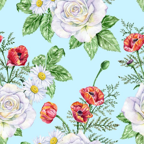خشخاشهای قرمز گل رز سفید و مروارید گلهای باغ روی زمینه آبی الگوی نقاشی شده با آبرنگ بدون درز به سبک پرنعمت عالی برای طراحی پارچه بسته بندی کاغذ دیواری scrapbooking