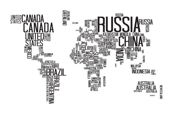 نقشه جهان با نام کشورها متن یا تایپوگرافی