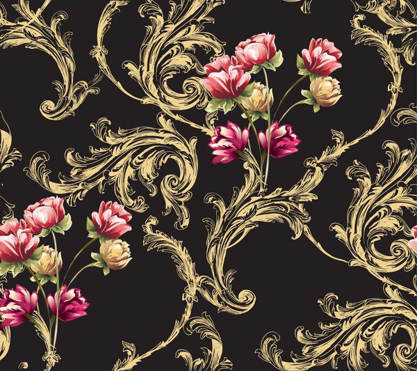 الگوی باروک با کتیبه های طلا و دسته گلهای لاله روی مشکی