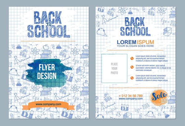 بازگشت به الگوی بروشور مدرسه با اشیاء مختلف مدرسه آگهی های فروش مدرسه با آبشارهای آبرنگ نارنجی و آبی تنظیم شده است