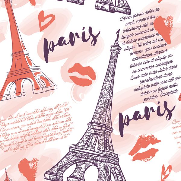 پاریس الگوی بدون درز پرنعمت با برج ایفل بوسه ها قلب ها و پاشش های آبرنگ تصویر برداری دستی یکپارچهسازی با سیستمعامل