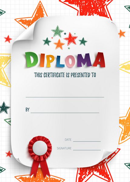 الگوی دیپلم برای بچه ها پیشینه گواهی نامه با ستاره های کشیده شده برای مدرسه پیش دبستانی یا مدرسه بازی