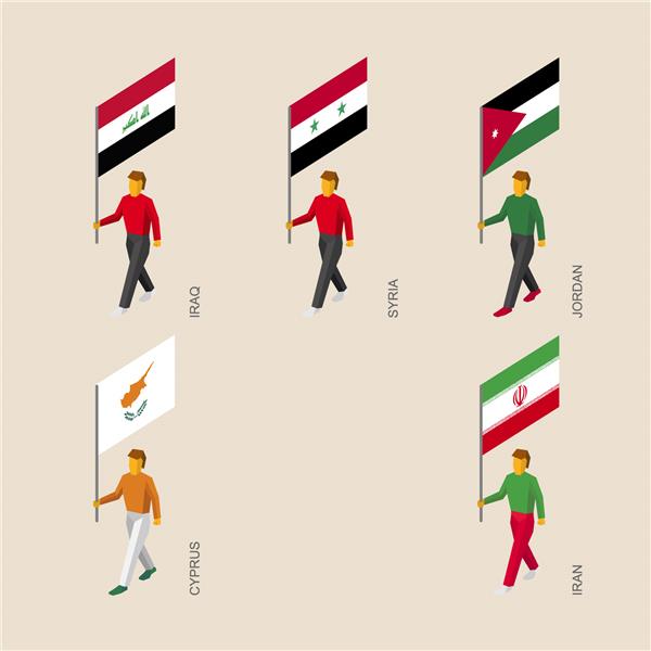 مجموعه ای از افراد 3D ایزومتریک با پرچم کشورهای خاورمیانه اینفوگرافیک تحمل استاندارد عراق ایران اردن سوریه قبرس