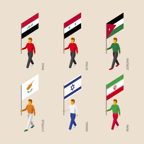 مجموعه ای از افراد 3D ایزومتریک با پرچم کشورهای خاورمیانه اینفوگرافیک تحمل استاندارد عراق ایران اردن سوریه قبرس اسرائیل