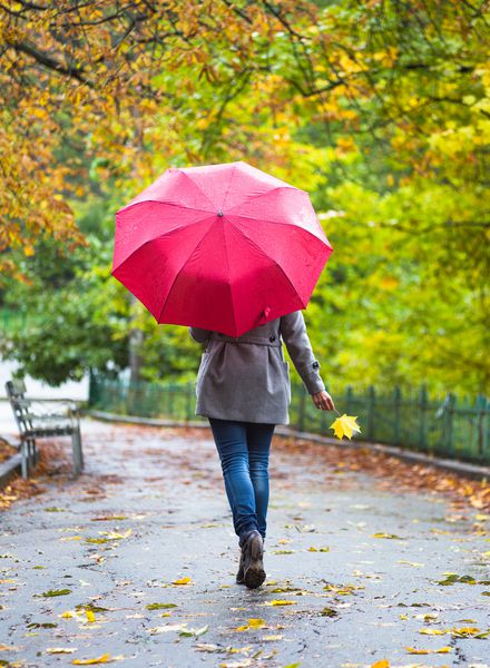 زن جوان با چتر قرمز در پارک زیبا پاییزی