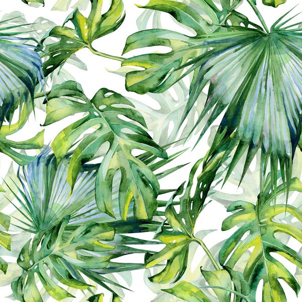 تصویر آبرنگ بدون درز برگهای گرمسیری جنگل متراکم نقاشی شده با دست بنر با نقوش تابستانی گرمسیری ممکن است به عنوان طرح زمینه کاغذ بسته بندی پارچه یا کاغذ دیواری استفاده شود