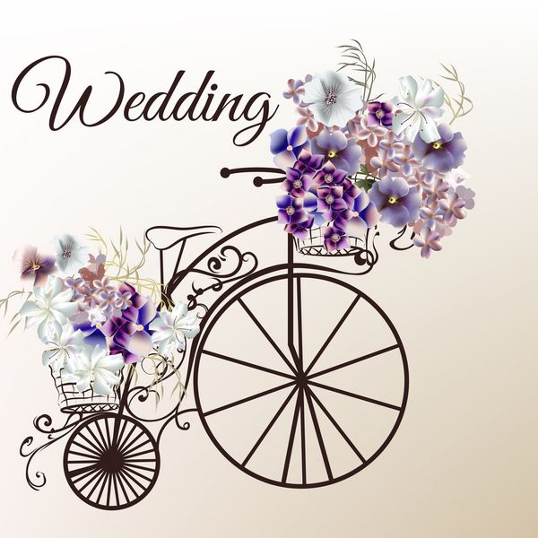 تصویر برداری زیبا به سبک عتیقه با دوچرخه یکپارچهسازی با سیستمعامل و گل برای طراحی عروسی